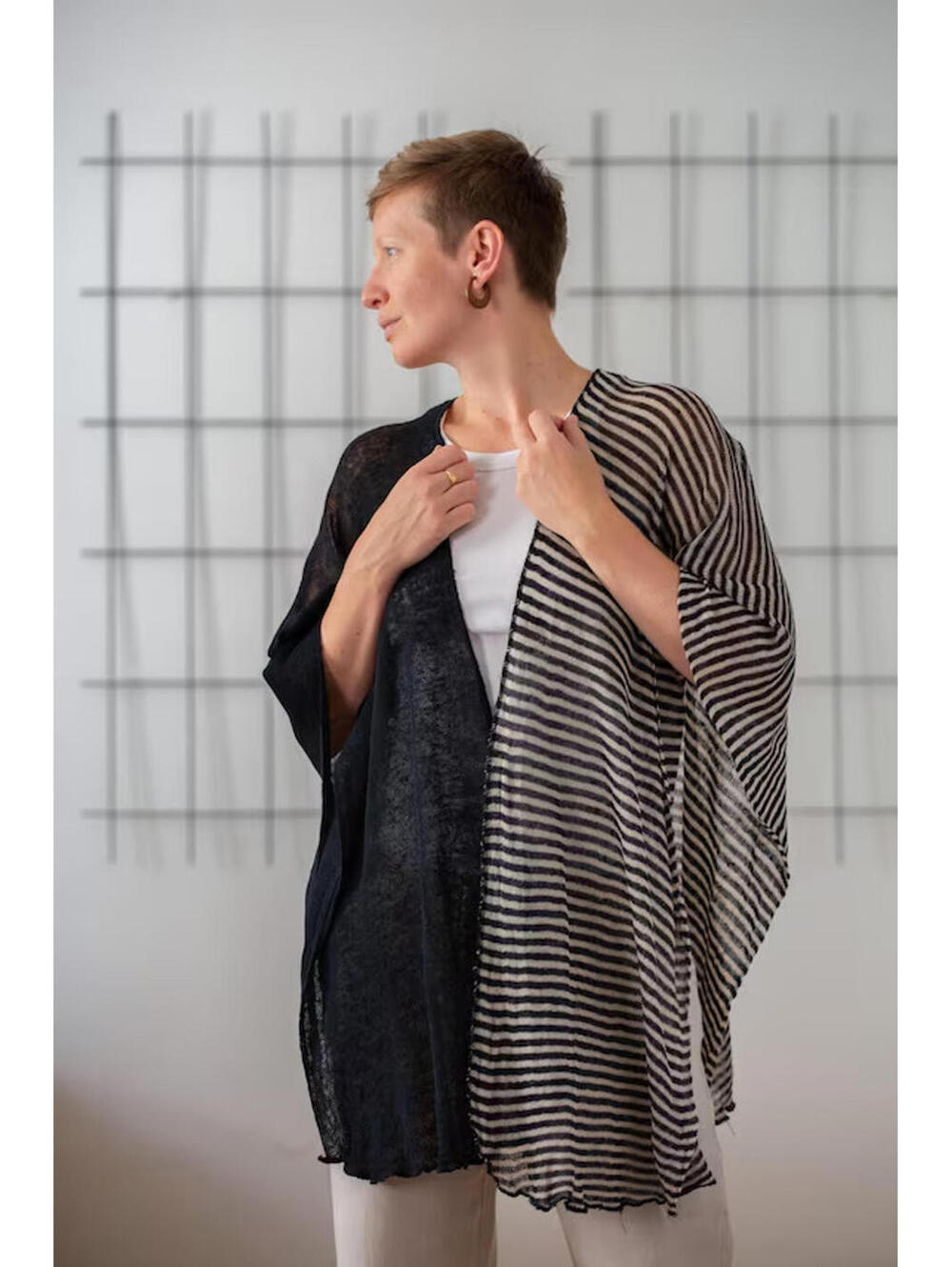 Women’s 100% Linen Knit Summer Shawl Scarf Black and Black And White Stripe
